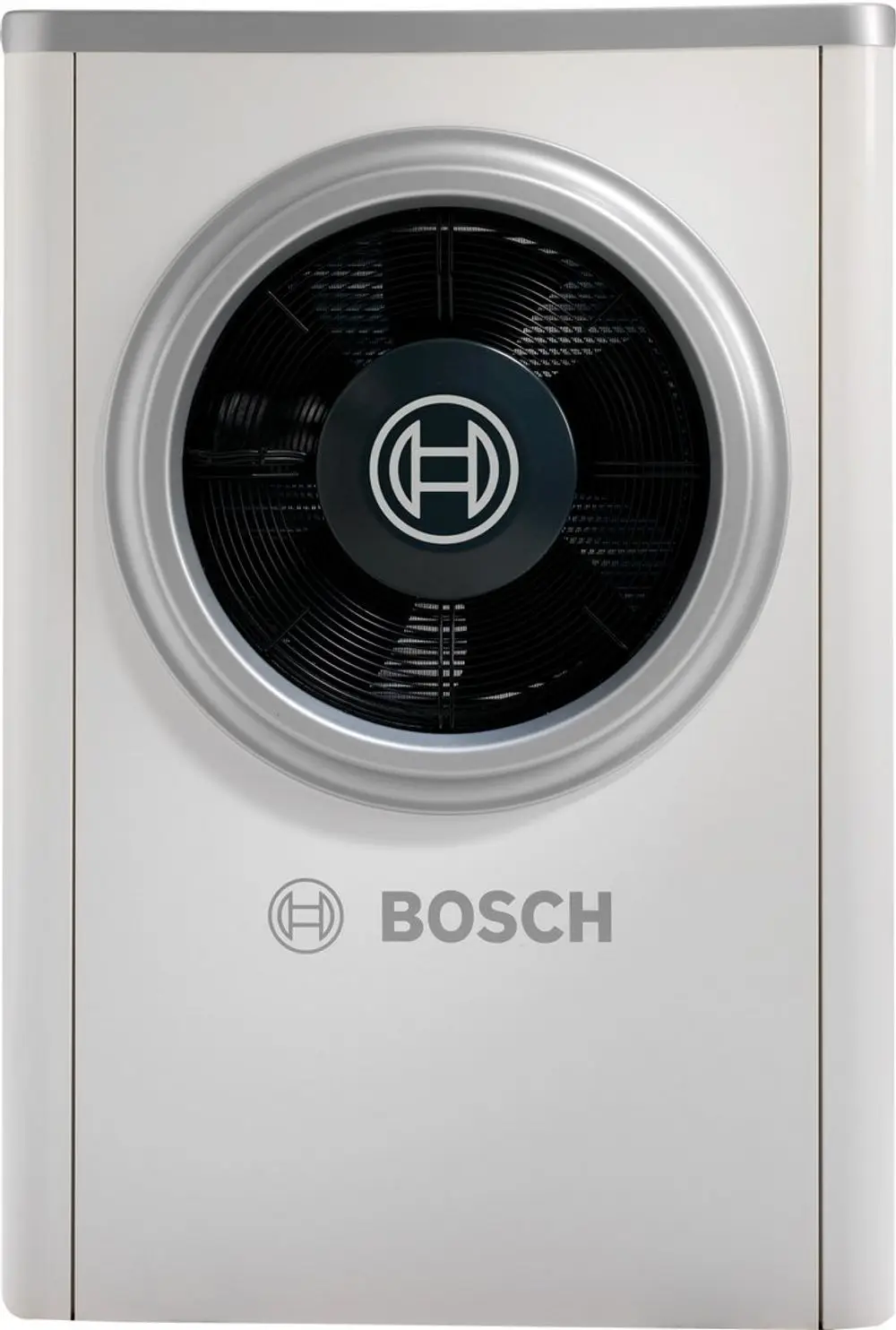 Weiße Außeneinheit mit runder Lüfteröffnung und Bosch-Logo. Die Einheit hat eine graue Umrandung und ist für die Installation in Klimaanlagen konzipiert.